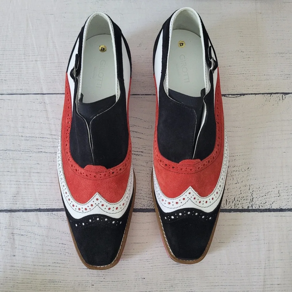GIROTTI MILANO Wingtip‎ Oxford Shoes Black White Red Suede No Lace Size 43 US 9